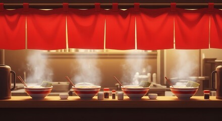 A stylized illustration of a ramen shop counter. Four steaming bowls of ramen are lined up, ready to serve, behind a traditional red noren curtain. Warm lighting sets a cozy atmosphere.