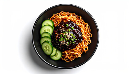 Korean Jajangmyeon noodles with black bean sauce and sliced cucumber
