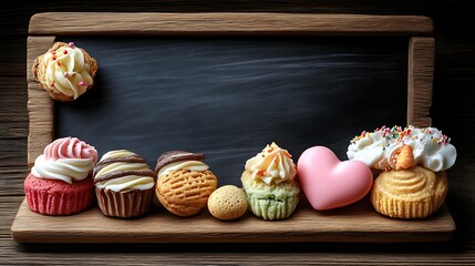 Miniature cupcakes and cookies arranged on a rustic wooden chalkboard