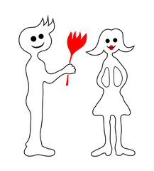 Funny illustration of a gentleman with a flower and a lady
