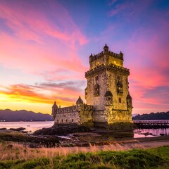Obraz premium Coastal stone tower at sunset, reflecting colorful sky