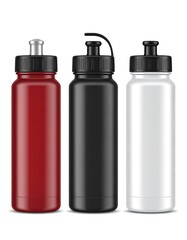 Three cylindrical water bottles, red, black, and white, with identical flip-top lids, displayed against a white background