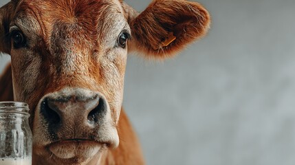Rustic dairy farm concept with close-up brown cow portrait beside milk bottle, natural and authentic agricultural imagery for commercial food branding visuals