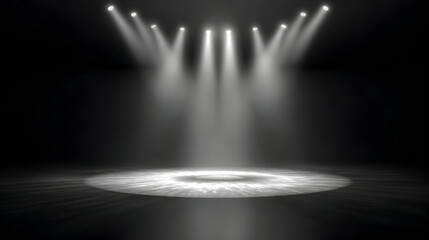 Five spotlights illuminating a dark empty stage