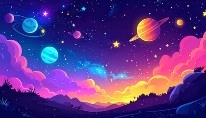 Fototapeta premium Celestial Dreamscape: An awe-inspiring digital artwork of space showcases colorful planets, a vast starlit expanse, and vibrant clouds that bring wonder and inspiration.