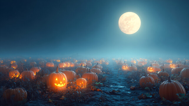 Spooky Halloween pumpkin patch illuminated by moonlight Halloween concept night