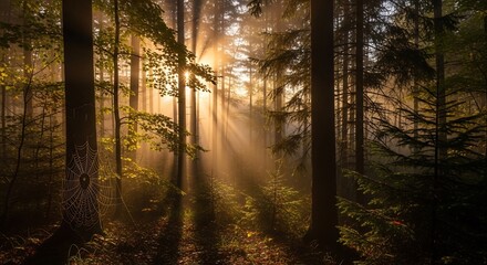 Naklejka premium Sunbeams pierce through a misty forest illuminating a spiderweb