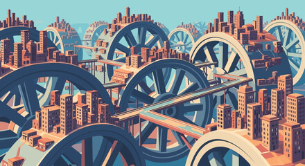 Large wooden wheels with spokes, a surreal and abstract composition.