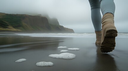 Person walking on a misty beach.  Foggy, rocky cliffs in the background.  Hiking boots on the wet, dark sand.  Ocean waves gently lapping