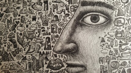 Intricate Black and White Illustration Featuring a Human Face Surrounded by Abstract Designs and Symbols