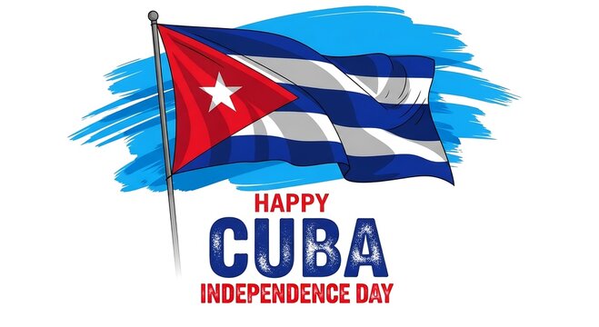Vibrant cuban flag waving proudly with happy independence day text and artistic blue brushstrokes