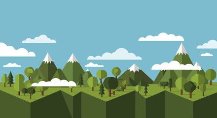 Low Poly Landscape with Mountains, Trees, and Clouds.