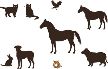 Animal silhouettes, cat, dog, horse, cow, rabbit, bird, hamster, pet vector, farm animals, wildlife, nature, domestic pets, black graphic, flat design, animal diversity, cute creatures