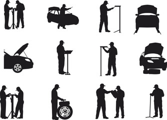 Obraz premium Automotive silhouettes, car repair, mechanic tools, vehicle inspection, garage teamwork, black vector icons, service workflow scenes