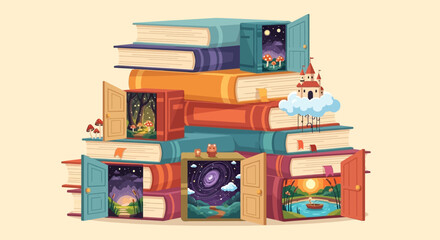 Magical stack of books with open pages revealing fantasy worlds.