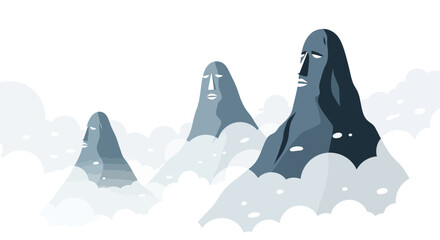 Mysterious mountain figures with ancient faces emerging from clouds.