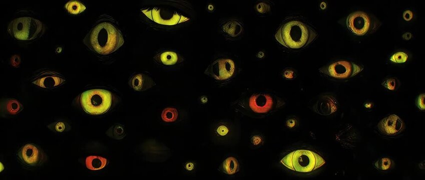 Blinking Spooky Eyes in the Dark - Seamless Horror Background. Perfect for virtual haunted houses, horror scenes, and Halloween party visuals.