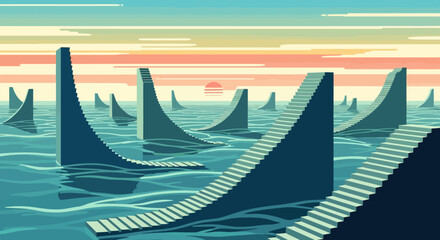 Numerous abstract ramps emerging from the water.