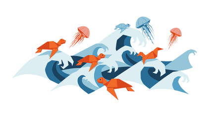 Ocean waves with sea turtles and jellyfish swimming.