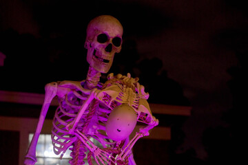 A tall Halloween skeleton holds a small baby skeleton while purple light glows on the lawn. Spooky outdoor decoration creates a dramatic, eerie yard scene.