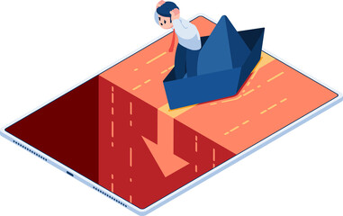 Isometric Businessman on Paper Boat Adrift Toward Red Ocean Waterfall on Transparent Background Adventure Concept