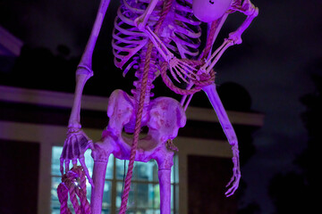 Close view of a Halloween skeleton under a giant spider with webs, fangs, and red eyes by an RIP tombstone. Dark night lighting, spooky yard decoration, and eerie cemetery mood.