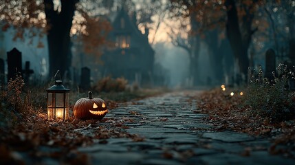 Halloween pumpkin lantern on a path in a graveyard or cemetery setting.