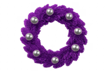 Purple fuzzy christmas wreath with silver baubles