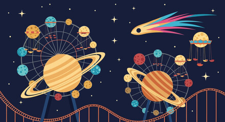 Planetary Amusement Park with Ferris Wheels and Roller Coaster.