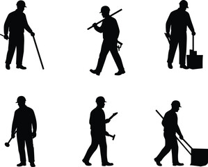 Construction Worker Silhouettes, Hard Hats, Tools, Manual Labor, Shovel, Pipe, Toolbox, Engineering, Vector Art, Industrial Safety, Black Figures, Carpenter, Hammer, Wrench, Urban Work, Manual Tasks