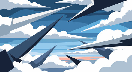 Sharp geometric shapes piercing through a cloudy sky.