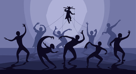 Silhouettes of dancers performing on stage with a puppet figure above.