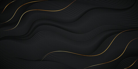 Abstract glowing wave lines on dark background. Modern flowing wavy lines. Dark abstract background featuring glowing, flowing wave lines in black golden color gradient.