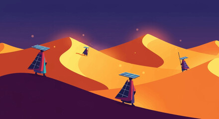 Solar panels stand tall in the desert landscape under a starry night sky.