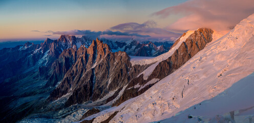 Mountain landscape of the Alps in Chamonix valley, France high resolution wide angle panoramic landscape. Alpine scenery in summer sunny weather on Tour du Mont Blanc, TMB trekking route