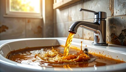 Rusty water splashing from faucet in sink
