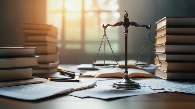 silver scale of justice with stacks of legal books and documents behind