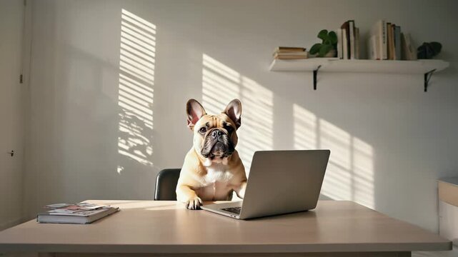 Dog sitting at a desk, paws on a laptop keyboard, focused expression, modern home office setting, soft natural lighting