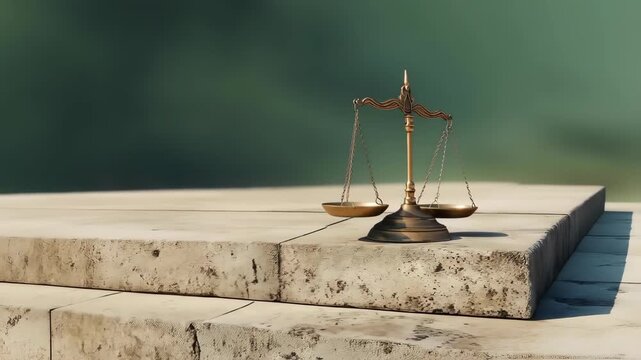 scale of justice in an outdoor setting on stone steps, morning sunlight