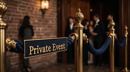 private event signage with gold lettering and blue velvet rope, signifies an exclusive and restricted access area | party, celebration, luxury, invitation, occasion theme