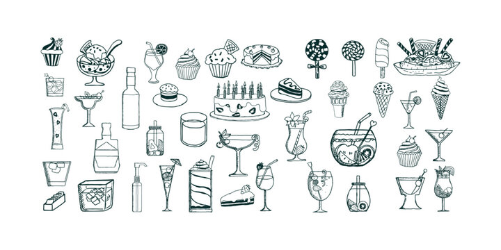 Elegant hand drawn ink line sketches of food, wine and champagne elements perfect for weddings, restaurant menus, parties, and fine dining themes in artistic style