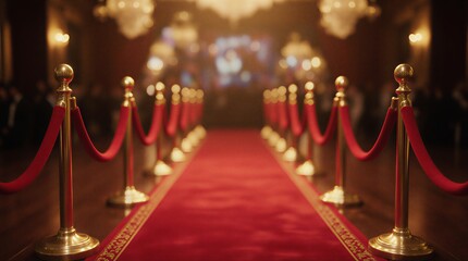 red carpet entrance with golden accents and luxurious velvet rope barrier | event, celebration, entertainment, hospitality, awards theme