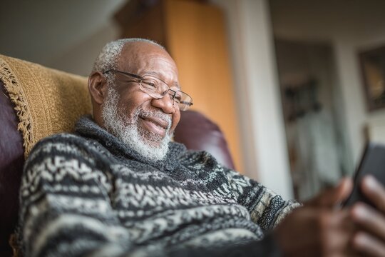 Joyful Senior Man Engaged in Technology at Home, Lifestyle, Indoor, Close-Up, Happiness