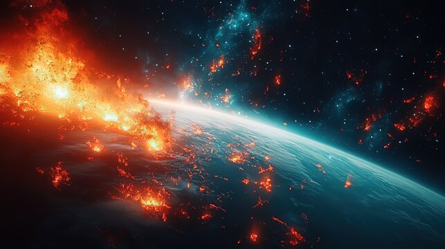 Dramatic Celestial Explosion over Planet with Flames and Stars in Space