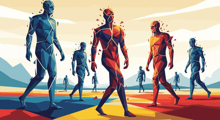 Stylized Human Figures Walking in a Group.
