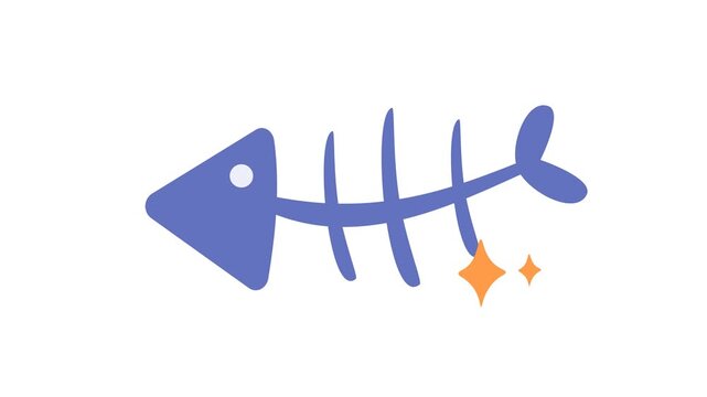 Simple fish skeleton icon in a cartoon animation. Cute underwater animal stickers. Animated minimalist fishbone decorative element concept. Alpha channel. Seamless looping.