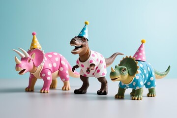 Three realistic dinosaur toys (triceratops, T-Rex, ankylosaurus) in patterned onesies and party hats on light gray surface with soft blue gradient background, highly detailed photo-realistic image