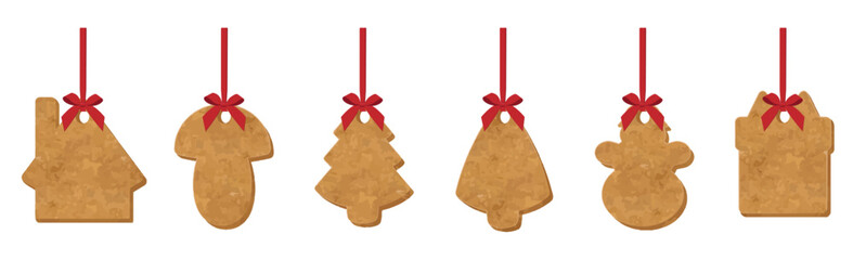 Gingerbread cookies hanging on red ribbons with bows. Vector illustration isolated on white background.