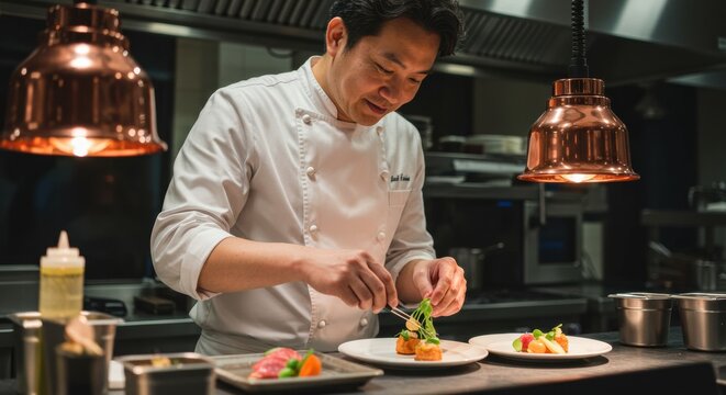 Chef plating gourmet dishes in modern restaurant kitchen culinary art intimate setting professional viewpoint