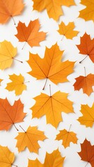 Fototapeta premium Photo-realistic autumn maple leaf pattern with warm yellow-orange hues, detailed veins, natural textures (matte, slightly waxy), soft lighting on white background, 70% original density